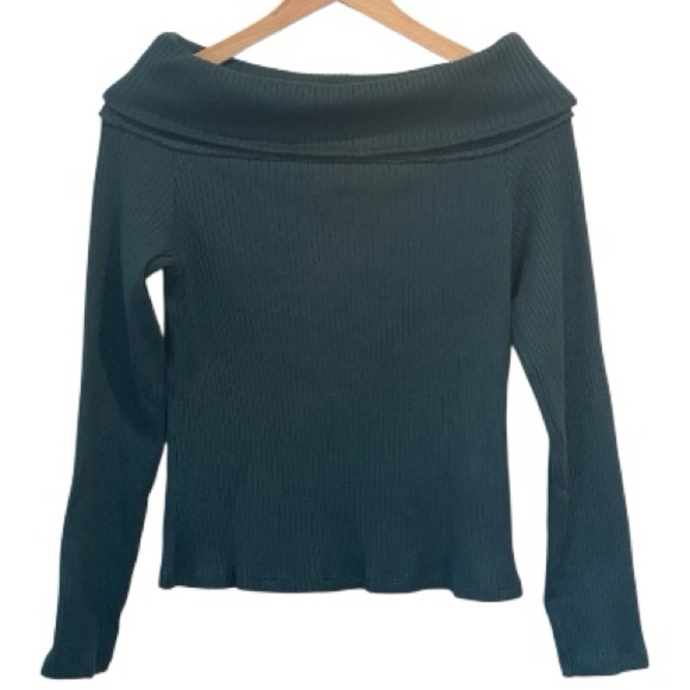 Madewell Ribbed Off-the-Shoulder Top, Teal Blue, Long Sleeve, Soft, Size Large, - Picture 2 of 13